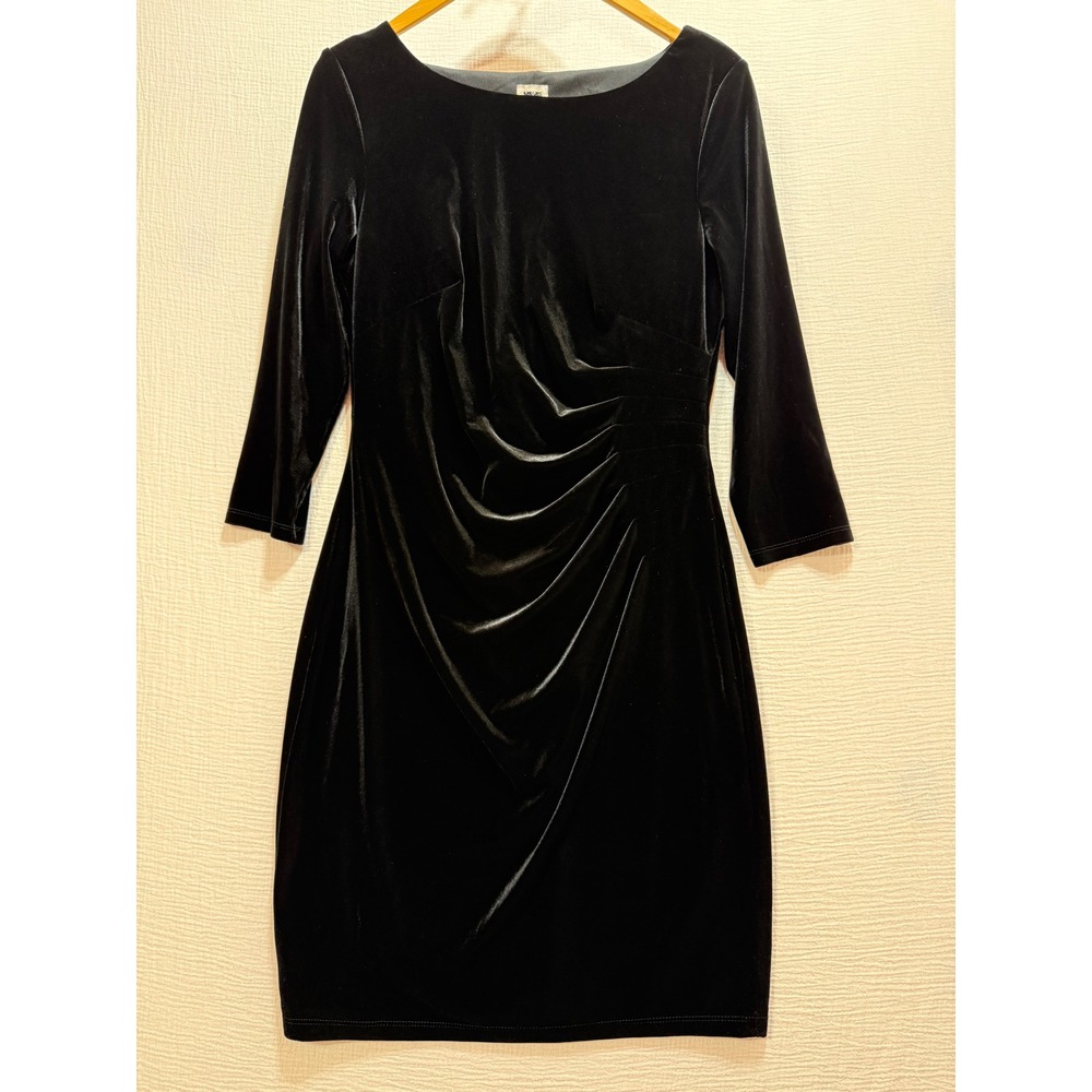 Anne Klein Velvet Sheath Dress Womens 8 Black Ruched 3/4 Sleeve Boat Neck Party